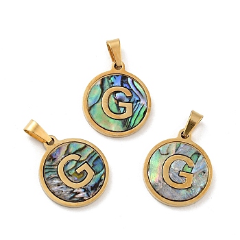 Vacuum Plating 304 Stainless Steel with Paua Shell Pendants, Golden, Flat Round with Letter Charm, Letter.G, 18x16x1.5mm, Hole: 3x6mm