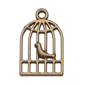 Metal Alloy Pendants, Lead Free, Nickel Free and Cadmium Free, Antique Bronze, Bird in Cage, 19x12x2mm, hole: 2mm