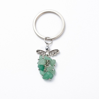 Natural Green Aventurine Angel Pendant Keychain, with Iron Findings, 6.8cm