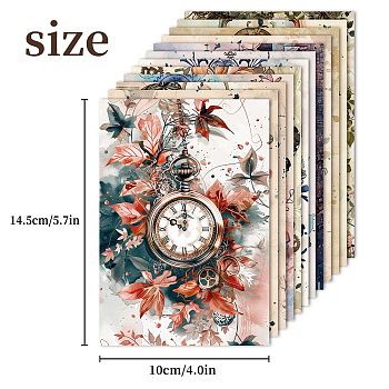 12Pcs Butterfly Flower Clock Theme Scrapbook Paper Pads, for DIY Album Scrapbook, Greeting Card, Background Paper, Mixed Color, 145x100mm