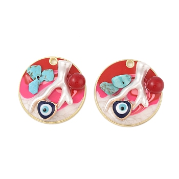 Rack Plating Alloy Enamel Pendants, with Resin & ABS Imitation Pearl Beads & Synthetic Turquoise, Cadmium Free & Nickel Free & Lead Free, Golden, Flat Round with Heart & Evil Eye, Red, 30x8.5mm, Hole: 1.9mm