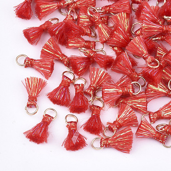 Polyeter Tassel Pendants, with Metallic Cord and Iron Jump Rings, Golden, Crimson, 10~15x5~8mm, Hole: 3.5mm