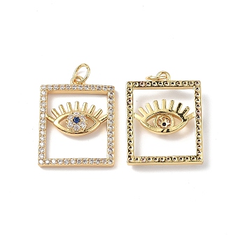 Brass Micro Pave Clear Cubic Zirconia Pendants, with Jump Ring and Glass, Rectangle with Eye Charm, Real 18K Gold Plated, 22x16.5x3.5mm, Hole: 3.5mm
