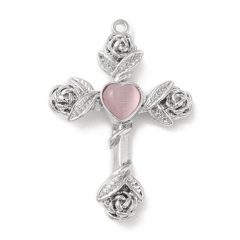 Alloy with Glass Pendants, Cross with Rose Charms, Platinum, Pink, 35x25x5mm, Hole: 1.4mm