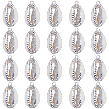 20Pcs Electroplated Natural Cowrie Shell Pendants, Shell Charm with Iron Findings, Platinum, 18~24x10~14x6~7mm, Hole: 1.5mm
