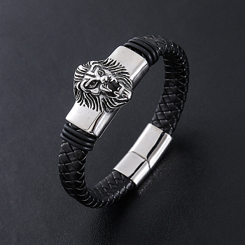 Punk Braided PU Leather Cord Bracelets, 304 Stainless Steel Lion Charm Bracelets for Men, with Magnetic Clasp, Antique Silver & Stainless Steel Color, 8.66 inch(22cm)