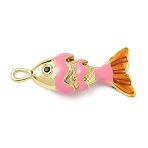 Fish Brass Micro Pave Cubic Zirconia Pendants, Enamel Style, Long-Lasting Plated, Cadmium Free & Lead Free, Real 18K Gold Plated, Pink, 22x9x5mm, Hole: 2.5x1.5mm(X-KK-P342-14B-G04)