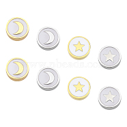 8Pcs 4 Style 304 Stainless Steel Beads, Laser Cut, with Enamel, White, Flat Round with Star & Moon, Golden & Stainless Steel Color, 9.5x3mm, Hole: 2mm, 2pcs/style(STAS-DC0002-76)