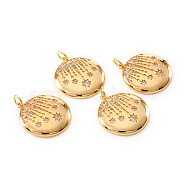 Brass Micro Pave Cubic Zirconia Pendants, with Jump Rings, Flat Round with Star, Clear, Real 18K Gold Plated, 22x20x3.5mm, Hole: 3mm(KK-I672-07G)