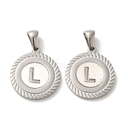 304 Stainless Steel Pendants, Flat Round Shell Charms with Letter, Stainless Steel Color, Letter L, 20.5x17.5x1.5mm, Hole: 2.5x4.5mm(STAS-I204-L-P)