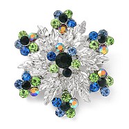 Snowflake Silver Color Plated Alloy Brooch, with Glass Rhinestone, Colorful, 40.5x29.5x12.5mm(JEWB-B007-02)