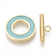 201 Stainless Steel Toggle Clasps, with Enamel, Ring, Golden, Turquoise, Ring: 19.5x2mm, Inner Diameter: 10mm, Bar: 21x7x3mm, Hole: 2mm(STAS-T037-06B-G)