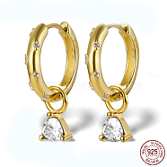 Real 18K Gold Plated 925 Sterling Silver Rhinestone Dangle Hoop Earrings, Triangle, with S925 Stamp, Crystal, 20x4mm(XU8813-3)