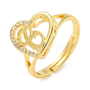 Heart with Letter Rack Plating Brass Micro Pave Cubic Zirconia Adjustable Rings for Women, Lead Free & Cadmium Free, Real 18K Gold Plated, Letter C, Inner Diameter: 16mm(RJEW-I105-06G-C)