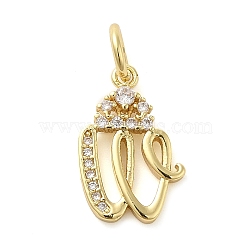 Brass Micro Pave Cubic Zirconia Pendants, with Jump Ring, Letter W, 16x11x2mm, Ring: 6x1mm, Inner Diameter: 4mm(KK-M273-01G-W)