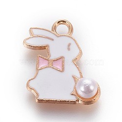 Zinc Alloy Bunny Pendants, with Enamel and ABS Plastic Imitation Pearl, Rabbit, Light Gold, Pink, 16.5x13.5x1mm, Hole: 1.5mm(ENAM-P163-02A)