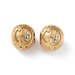 304 Stainless Steel Rhinestone European Beads, Round Large Hole Beads, Real 18K Gold Plated, Round with Letter, Letter Y, 11x10mm, Hole: 4mm(STAS-A092-10Y-G)