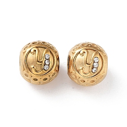 Ion Plating(IP) 304 Stainless Steel Rhinestone European Beads, Round Large Hole Beads, Real 18K Gold Plated, Round with Letter, Letter Y, 11x10mm, Hole: 4mm(STAS-A092-10Y-G)