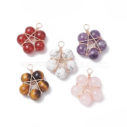 Brass Wire Wrapped Natural Gemstone Pendants, Star Charm, 26.5~28x21~22x8.5mm, Hole: 3.2mm(PALLOY-TA00033-01)