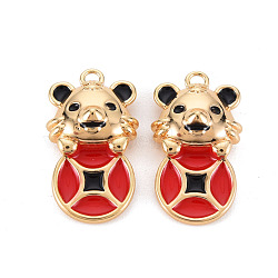Brass Enamel Pendants, Nickel Free, Real 18K Gold Plated, Tiger with Coins, Red, 20.5x11.5x6mm, Hole: 1.6mm(KK-S356-535-NF)