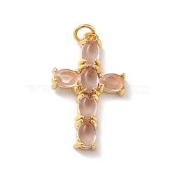 Rack Plating Brass Micro Pave Cubic Zirconia Pendants, Cadmium Free & Lead Free, Real 18K Gold Plated, Cross, Rosy Brown, 28x17x4mm, Hole: 3.4mm(KK-A160-02G)