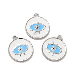 304 Stainless Steel Enamel Pendants, Flat Round with Evil Eye Charm, Stainless Steel Color, 21.5x18.5x1.5mm, Hole: 2mm(STAS-Q001-28P)