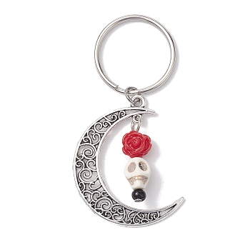 5Pcs Alloy & Synthetic Turquoise & Resin Keychain, Moon, Flower, Skull, Red, 6.8cm