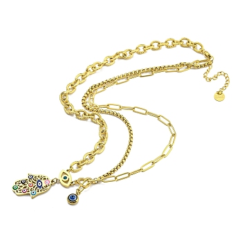 Enamel Hamsa Hand & Resin Evil Eye Pendant Necklace with Cubic Zirconia, with Ion Plating(IP) 304 Stainless Steel Chains, Golden, 16.38 inch(41.6cm)
