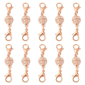 Alloy Crystal Rhinestone Magnetic Clasps, with Double Lobster Claw Clasps, Rose Gold, 41mm, Lobster Clasp: 12x7x3mm, Magnetic Clasp: 15x8.5mm