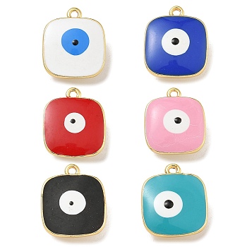 Rack Plating Brass Enamel Charms, Long-Lasting Plated, Lead Free & Cadmium Free, Real 18K Gold Plated, Square with Evil Eye Pattern, Mixed Color, 14x11.5x6mm, Hole: 1.2mm