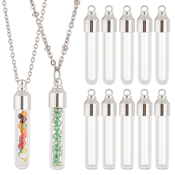 Elite 12Pcs 2 Style Clear Glass Tube Wish Bottle Pendants, with Zinc Alloy Finding, Silver, 34~35x7mm, Hole: 1.8mm, 6Pcs/style