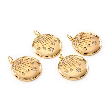 Brass Micro Pave Cubic Zirconia Pendants, with Jump Rings, Flat Round with Star, Clear, Real 18K Gold Plated, 22x20x3.5mm, Hole: 3mm
