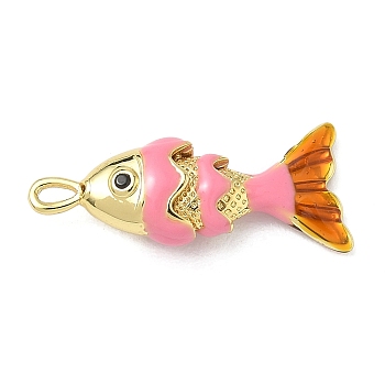 Fish Brass Micro Pave Cubic Zirconia Pendants, Enamel Style, Long-Lasting Plated, Cadmium Free & Lead Free, Real 18K Gold Plated, Pink, 22x9x5mm, Hole: 2.5x1.5mm
