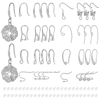 32pcs 8 styles Brass Earring Hooks, Ear Wire, with Horizontal Loops, for Half Drilled Beads, with 50Pcs Plastic Ear Nuts, Real Platinum Plated, 11.5~26x0.6~1mm, Hole: 1~2.5mm, Pin: 0.6~1mm, 4Pcs/style