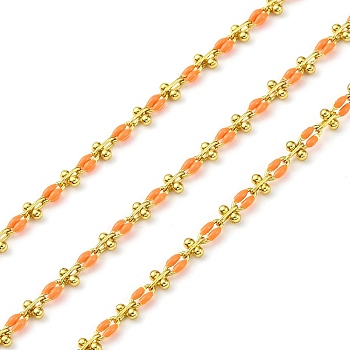 Brass Enamel Link Chains, wiht Spool, Long-Lasting Plated, Soldered, Lead Free & Cadmium Free, Orange, Links: 9x4.5x2mm