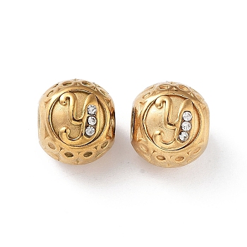 304 Stainless Steel Rhinestone European Beads, Round Large Hole Beads, Real 18K Gold Plated, Round with Letter, Letter Y, 11x10mm, Hole: 4mm