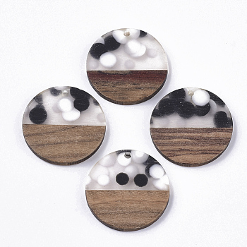 Resin & Walnut Wood Pendants, Flat Round with Spot, Clear, 28x3mm, Hole: 2mm