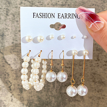 Alloy & Plastic Pearl Earring Sets, Golden, 6~70mm, 6pairs/set