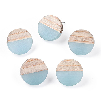 Transparent Resin & Wood Stud Earrings, with 304 Stainless Steel Pin, Flat Round, Light Blue, 15mm, Pin: 0.7mm