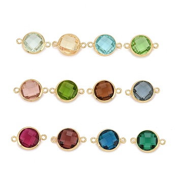 Brass Glass Links Connectors, Long-Lasting Plated, Lead Free & Nickel Free & Cadmium Free, Faceted, Flat Round, Real 18K Gold Plated, Mixed Color, 16.5x11x5mm, Hole: 1.4mm