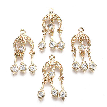 Brass Micro Pave Cubic Zirconia Pendants, Long-Lasting Plated, Moon, Light Gold, Clear, 25x10.5x2mm, Hole: 1.2mm