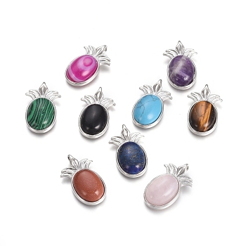 Natural & Synthetic Mixed Gemstone Pendants, with Platinum Tone Brass Findings, Pineapple, 29x17.5x7mm, Hole: 4.5x3.5mm