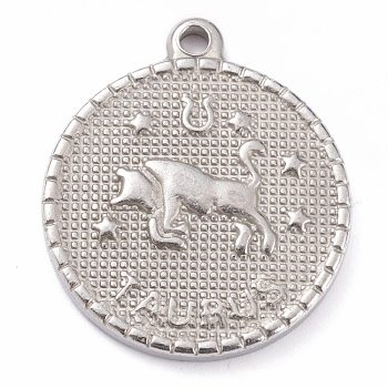 304 Stainless Steel Pendants, Flat Round with Constellation, Taurus, 29x26x3mm, Hole: 2mm
