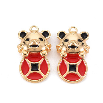 Brass Enamel Pendants, Nickel Free, Real 18K Gold Plated, Tiger with Coins, Red, 20.5x11.5x6mm, Hole: 1.6mm