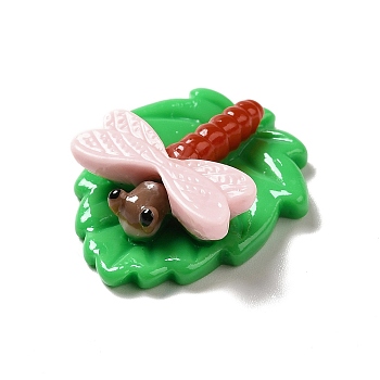 Opaque Resin Cabochons, Leaf, Pink, Dragonfly Pattern, 28.5x23x8.5mm