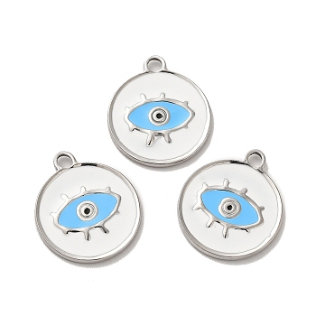 304 Stainless Steel Enamel Pendants, Flat Round with Evil Eye Charm, Stainless Steel Color, 21.5x18.5x1.5mm, Hole: 2mm