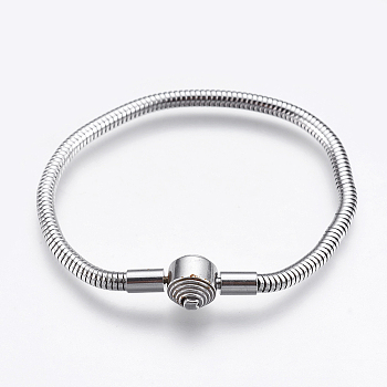 304 Stainless Steel European Style Bracelet Making, with Clasps, Flat Round, Stainless Steel Color, 6-1/4 inch(160mm), 3mm