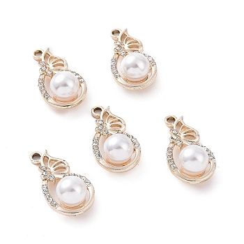 Alloy Rhinestone Pendants, with ABS Plastic Imitation Pearl Beads, Teardrop Charm, Light Gold, 27x13.5x10.5mm, Hole: 2.3mm
