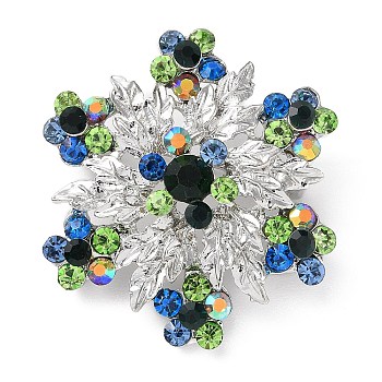 Snowflake Silver Color Plated Alloy Brooch, with Glass Rhinestone, Colorful, 40.5x29.5x12.5mm