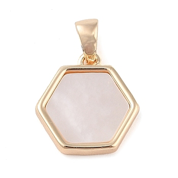 Brass Pave Shell Hexagon Charms, Real 18K Gold Plated, 13.5x12.5x2.5mm, Hole: 3x2mm